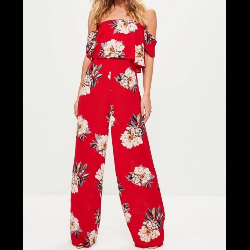 Missguided Red Floral Crepe Overlay Jumpsuit